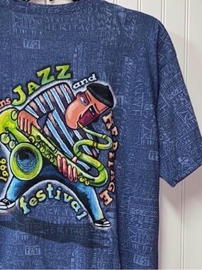 90s New Orleans Jazz Festival AOP Shirt M Vintage Mardi Gras Louisiana Sax